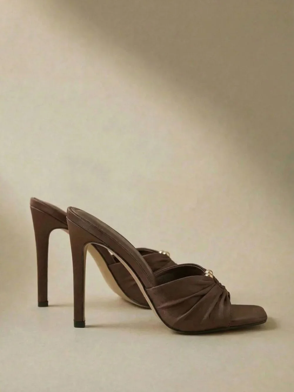 Brown Ruched Slide Sandals with Gold Ring Detail